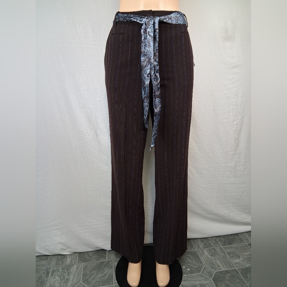Larry Levine Brown Pinstripe Wide-Leg Pants with Blue Stitching Size 10 - Picture 3 of 16